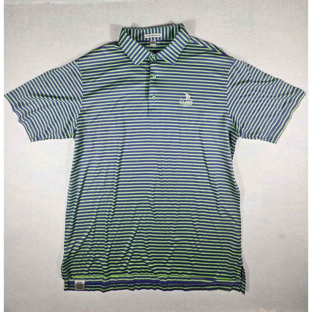 Peter Millar Men M 2015 US Open Chambers Bay Polo Shirt Purple Lime Green Stripe